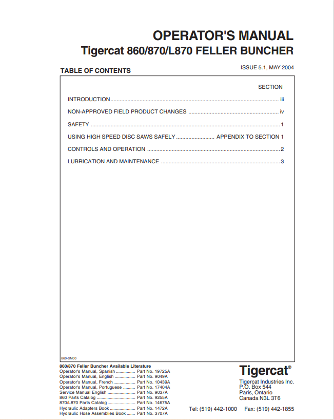 Tigercat 860, 870, L870 Feller Buncher Operator Manual 19725A