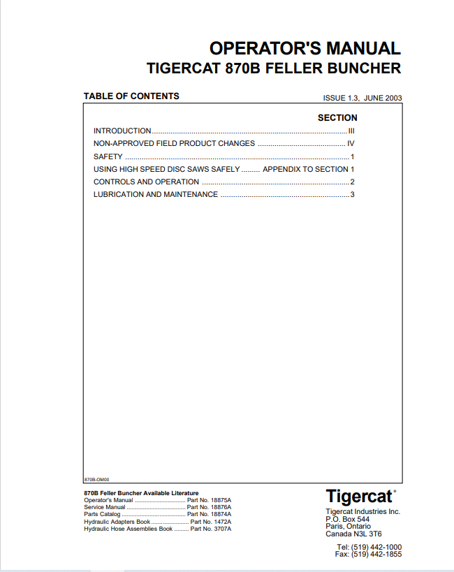 Tigercat 870B Feller Buncher Operator Manual 18875A