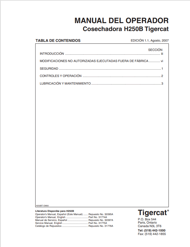 Tigercat H250B Combine Harvester Operator Manual 32095A