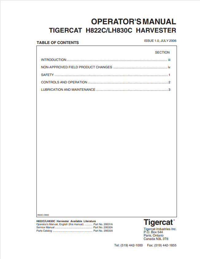 Tigercat H822C, LH830C Harvester Operator Manual 29531A