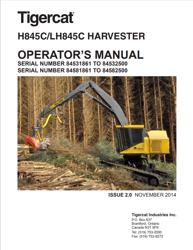 Tigercat H845C, LH845C Harvester Operator Manual 32268AENG 2