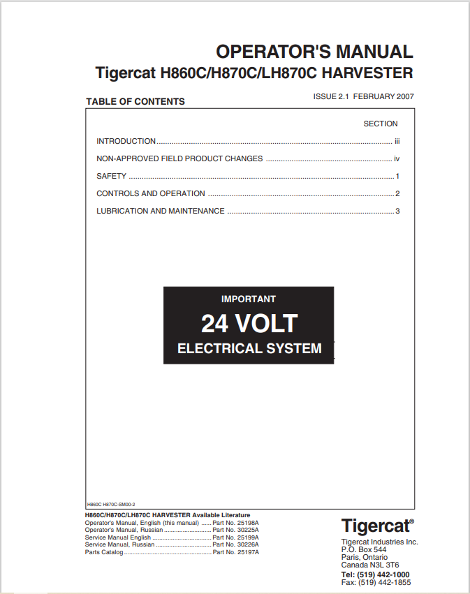 Tigercat H860C, H870C, LH870C Harvester Operator Manual 25198A