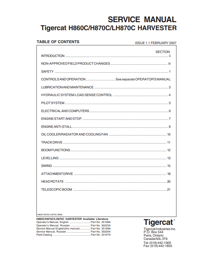 Tigercat H860C, H870C, LH870C Harvester Service Manual 25199A