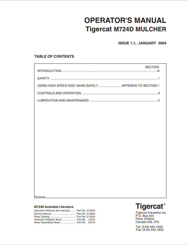 Tigercat M724D Mulcher Operator Manual 21324A