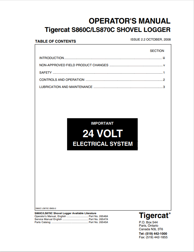 Tigercat S860C, LS870C Shovel Logger Operator Manual 26546A