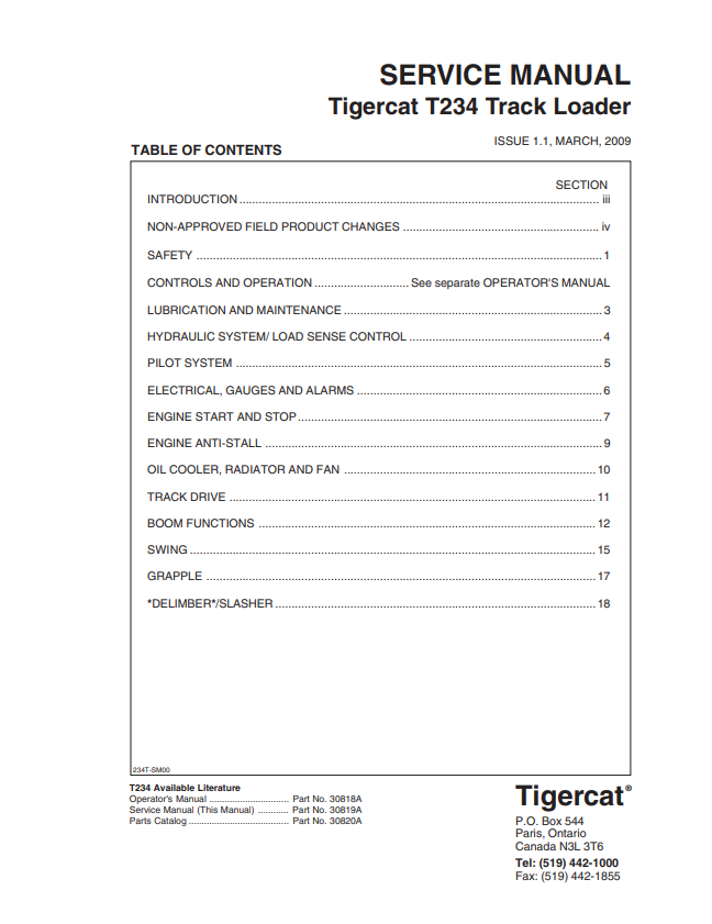 Tigercat T234 Track Loader Service Manual 30819A