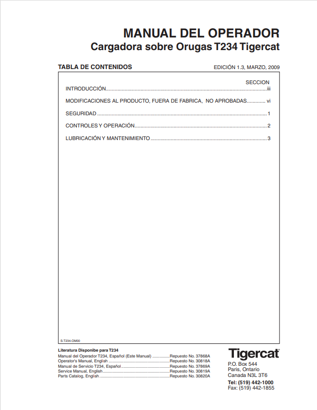 Tigercat T234 Tracked Loader Operator Manual 30818A