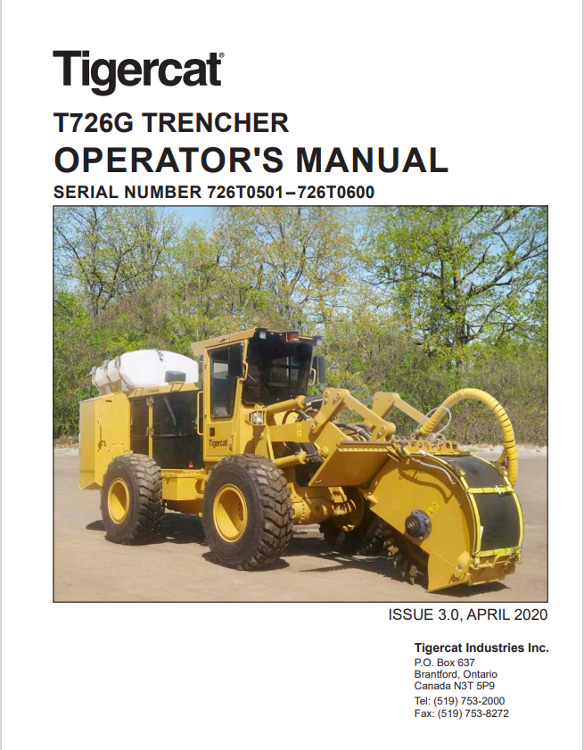Tigercat T726G Trencher Operator Manual 45909AENG