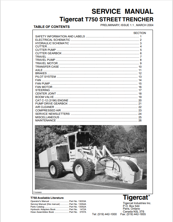 Tigercat T750 Street Trencher Service Manual 13054A
