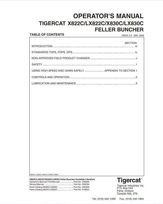 Tigercat X822C, LX822C, X830C, LX830C Feller Buncher Operator Manual 29528A