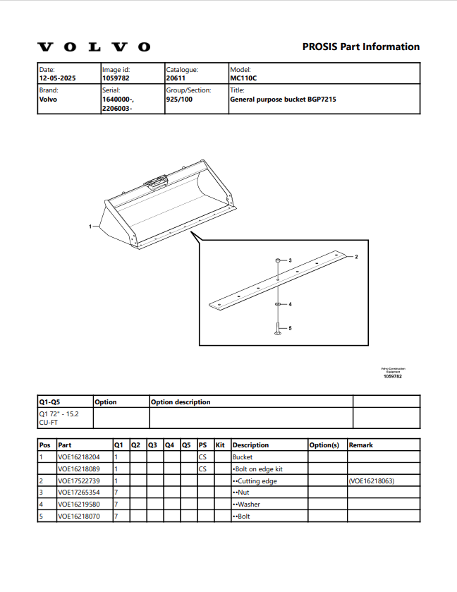 Volvo MC110C Skid Steer Loader Parts Catalogue Manual Sn 1640000-1643999, 2206003-2211003 - PDF File