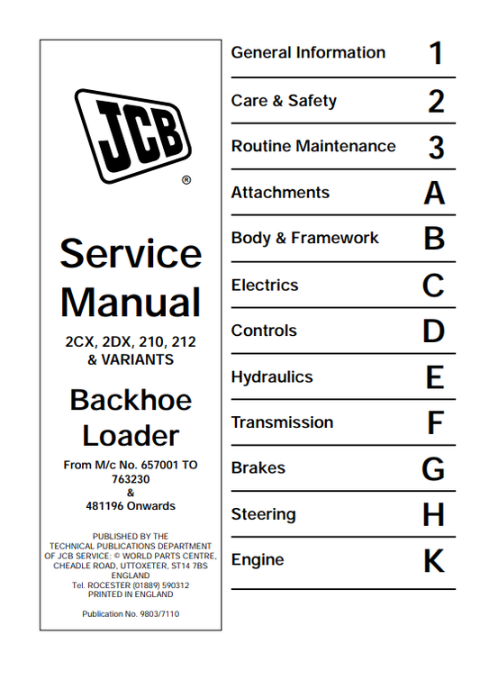 JCB Backhoe Loader 2CX, 2DX, 210, 212 & Variants Service Manual 9803/7110 PDF