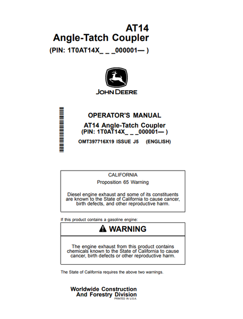 John Deere AT14 Angle-Tatch Coupler Operator Manual OMT397716X19