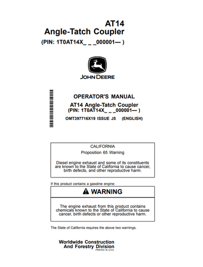 John Deere AT14 Angle-Tatch Coupler Operator Manual OMT397716X19