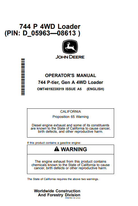 John Deere 744 P-Tier, Gen A 4WD Loader Operator Manual OMT461923X019