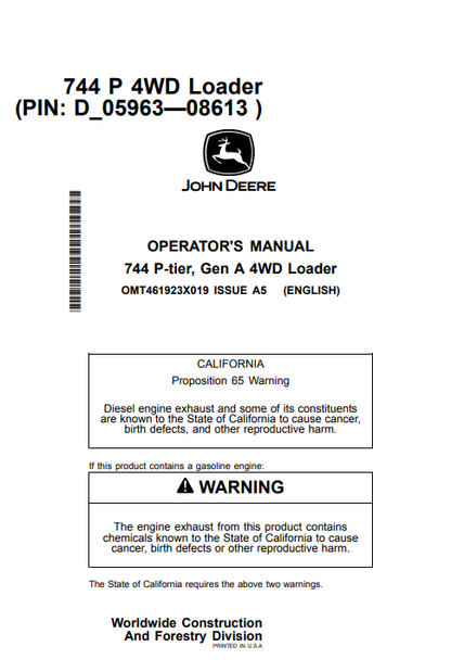 John Deere 744 P-Tier, Gen A 4WD Loader Operator Manual OMT461923X019