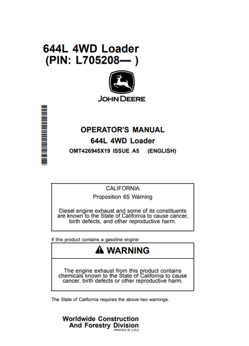John Deere 644L 4WD Loader Operator Manual OMT426945X19