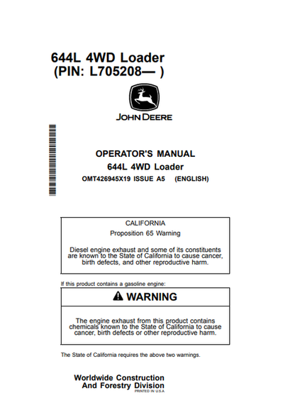 John Deere 644L 4WD Loader Operator Manual OMT426945X19