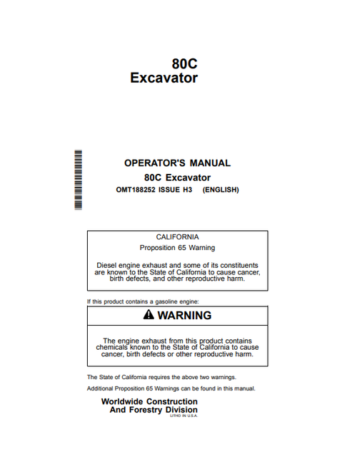 John Deere 80C Excavator Operator Manual OMT188252