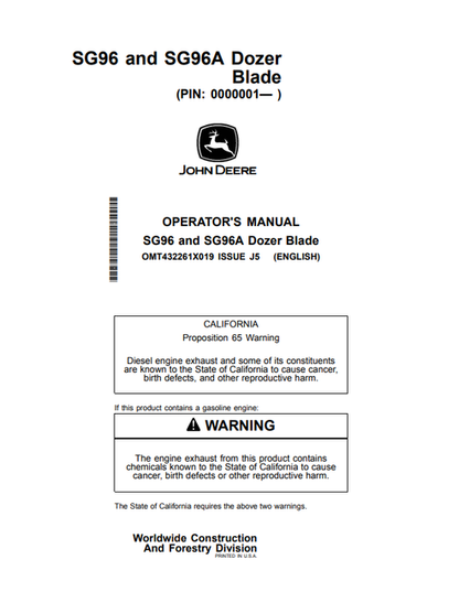 John Deere SG96 And SG96A Dozer Blade Operator Manual OMT432261X019