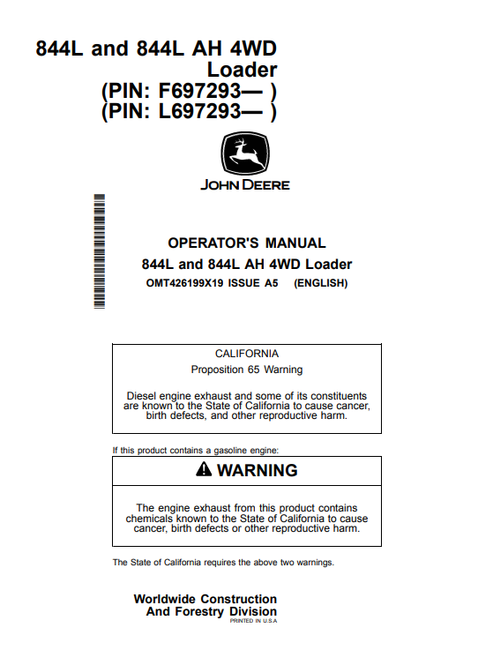 John Deere 844L And 844L AH 4WD Loader Operator Manual OMT426199X19