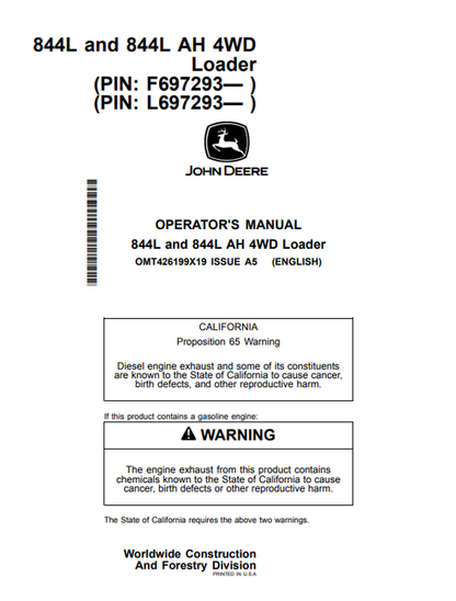 John Deere 844L And 844L AH 4WD Loader Operator Manual OMT426199X19
