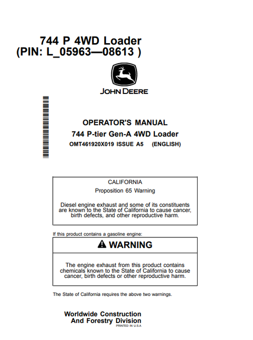 John Deere 744 P-Tier Gen-A 4WD Loader Operator Manual OMT461920X019