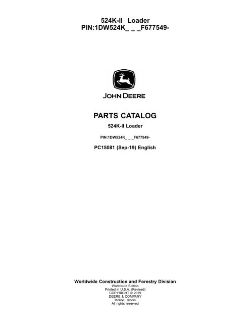 John Deere 524K-II Loader Parts Catalog Manual PC15081