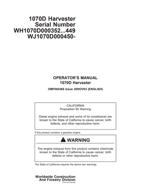 John Deere 1070D Harvester Operator Manual OMF064366