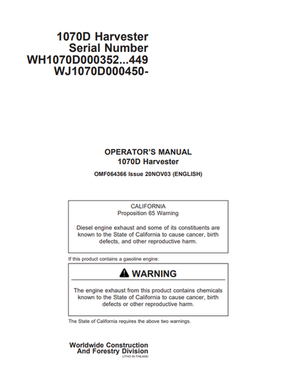 John Deere 1070D Harvester Operator Manual OMF064366