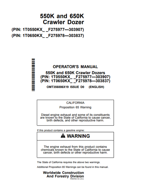 John Deere 550K And 650K Crawler Dozer Operator Manual OMT356886X19