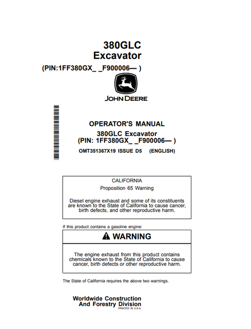 John Deere 380GLC Excavator Operator Manual OMT351367X19