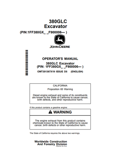 John Deere 380GLC Excavator Operator Manual OMT351367X19