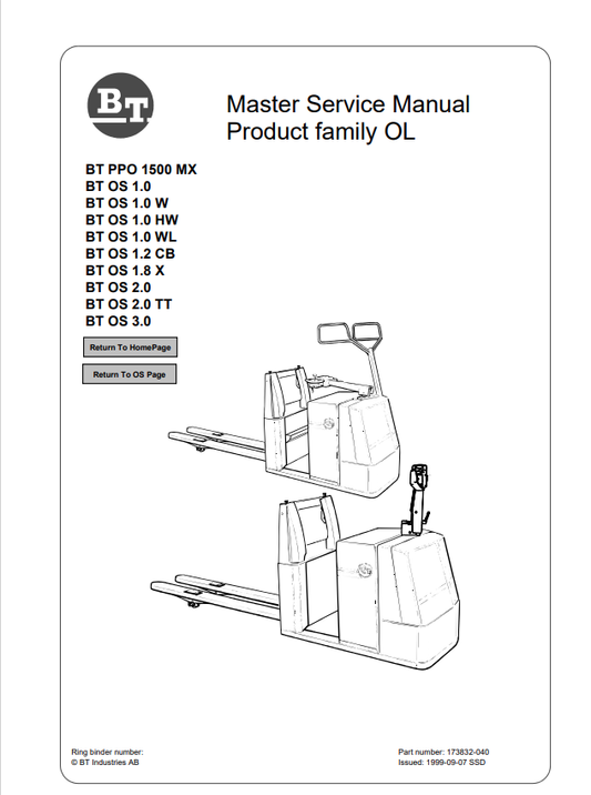 BT FORKLIFT BT PPO 1500 MX, BT OS 1.0, BT OS 1.0 W, BT OS 1.0 HW, BT OS 1.0 WL, BT OS 1.2 CB, BT OS 1.8 X, BT OS 2.0, BT OS 2.0 TT, BT OS 3.0 SERVICE MANUAL PDF