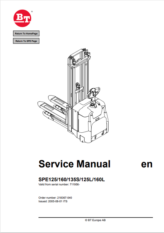 BT FORKLIFT SPE125, 160, 135S, 125L, 160L SERVICE MANUAL PDF