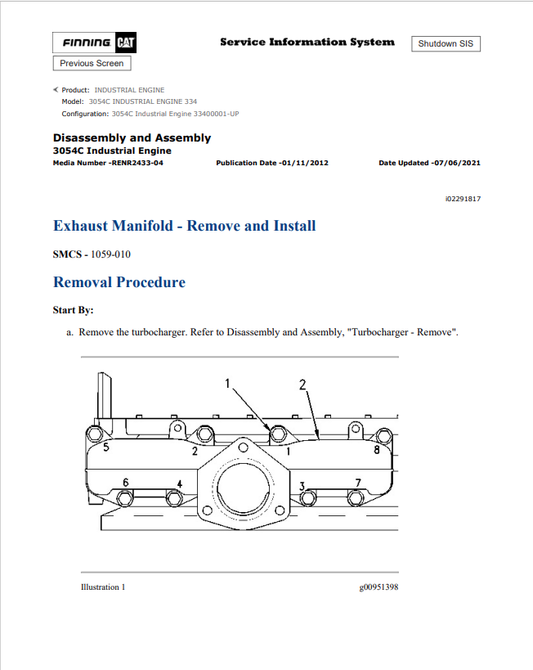 Caterpillar Cat 3054C Industrial Engine Service And Repair Manual PDF | S/N 334