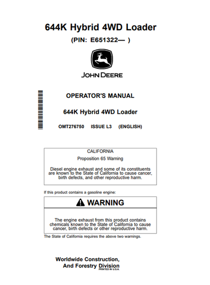 John Deere 644K Hybrid 4WD Loader Operator Manual OMT276750