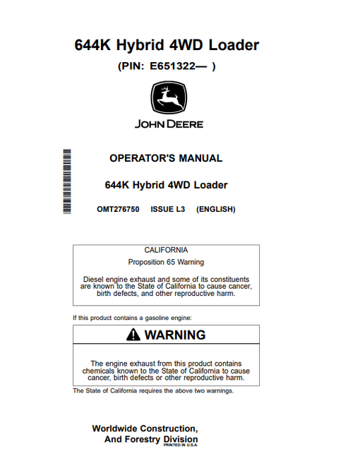 John Deere 644K Hybrid 4WD Loader Operator Manual OMT276750