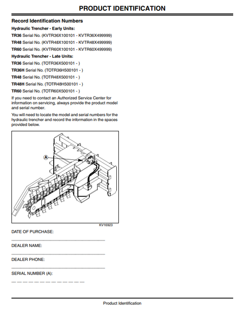 John Deere Hydraulic Trencher TR36, TR36H, TR48, TR48H, And TR60 Operator Manual OMKV16794