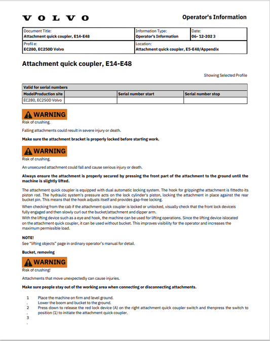 Volvo EC280, EC250D Excavator Operator Manual - PDF File
