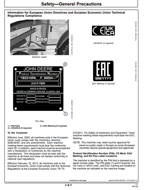 310 P Backhoe Loader Operator Manual OMT481853X019 PDF