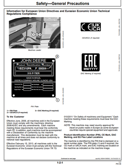 310 P Backhoe Loader Operator Manual OMT481853X019 PDF