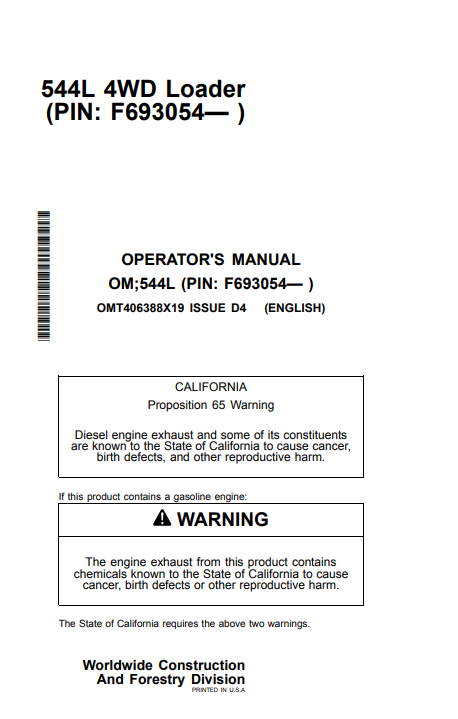 John Deere 544L 4WD Loader Operator Manual OMT406388X19