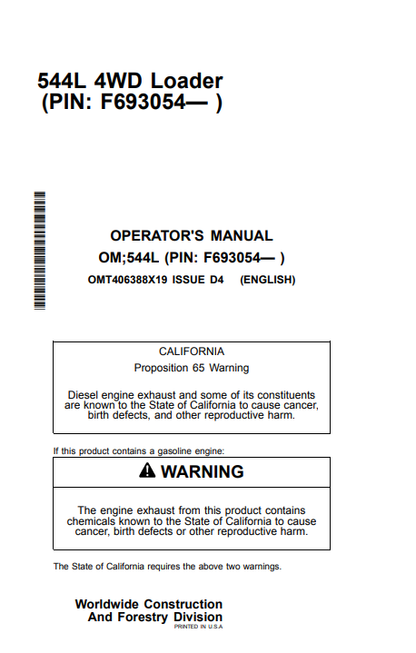 John Deere 544L 4WD Loader Operator Manual OMT406388X19