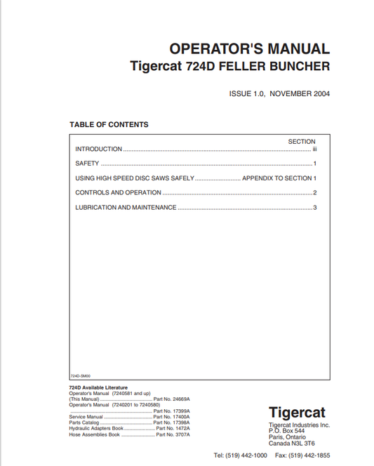 Tigercat 724D Feller Buncher Operator Manual 24669A