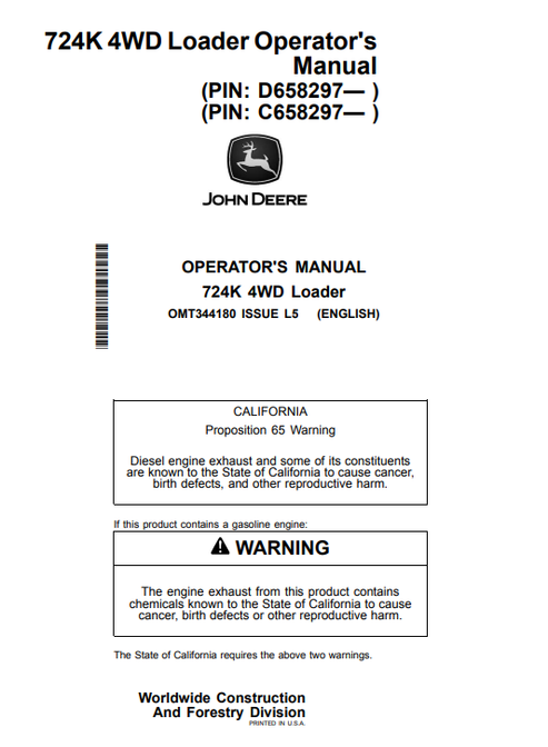 John Deere 724K 4WD Loader Operator Manual OMT344180