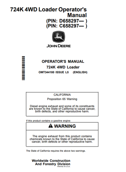 John Deere 724K 4WD Loader Operator Manual OMT344180