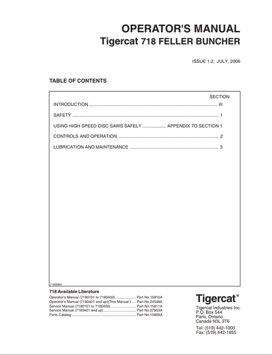 Tigercat 718 Feller Buncher Operator Manual 15810A