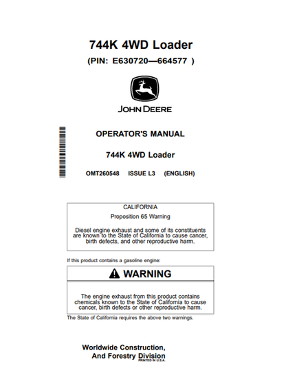 John Deere 744K 4WD Loader Operator Manual OMT260548