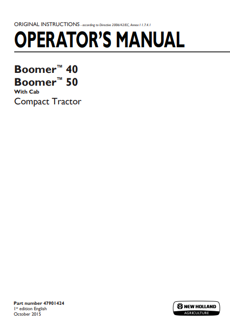 New Holland Boomer 40, 50 Compact Tractor Operator Manual 47901424 PDF
